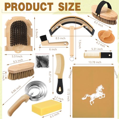 Abbylike 12 Pieces Horse Grooming Kit Equine Care Brushes, Khaki - color: Khaki
