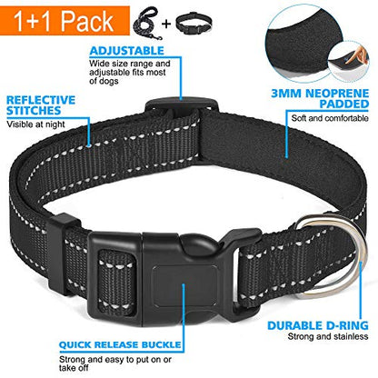 Ladoogo Reflective Dog Collar Padded with Soft Neoprene Breathable Adjustable Nylon Dog Collars for Small Medium Large Dogs (Small (Pack of 1), Black Collar+Leash) - color: Black, size: Small
