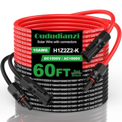 Oududianzi Solar Extension Cable 60Ft, 10AWG Solar Wire, Solar Cables, 10 Gauge Tinned Copper PV Wire, Solar Panel Wires and connectors for Home Roofs Balcony RV Camping Boats Solar Panels - size: 60FT-10AWG