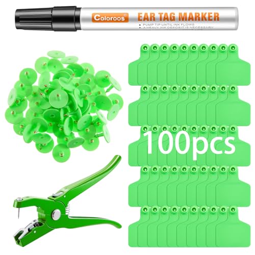 Geelin 100 Pcs Blank Cattle Ear Tags 1 Marking Pen,Wide,Green - color: Green