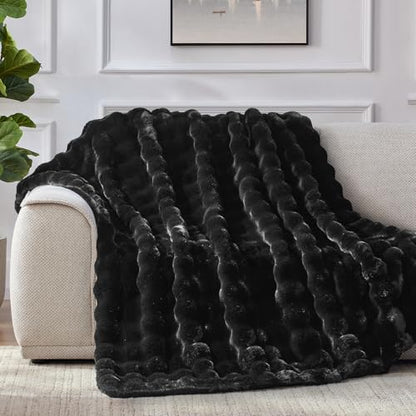 Anysay Faux Fur Throw Blanket, 1000GSM Fluffy Soft Bubble Blanket 80''*90'' - color: Black, size: Queen