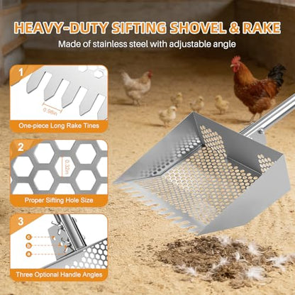 Chicken Poop Scooper & Rake 2-in-1,Stainless Steel Shovel Head Chicken Coop Scoop with 22 to 63" Adjustable Handle,Sifting Litter Shovel Scoop for Chicken Coop/Goat Stall/Stable Cleaning
