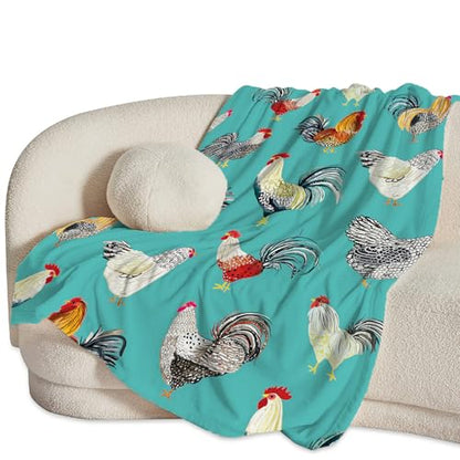 Farmhouse Chicken Blanket Ultra Soft Cozy Farm Rooster Throw Blanket Fleece Fuzzy Plush Bedding Country Chicken Gifts for Women Girls Kids Adults 50"x40" - color: Chicken Teal, size: 50"x40"