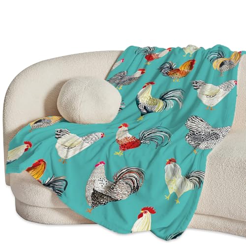Farmhouse Chicken Blanket Ultra Soft Cozy Farm Rooster Throw Blanket Fleece Fuzzy Plush Bedding Country Chicken Gifts for Women Girls Kids Adults 80"x60" - color: Chicken Teal, size: 80"x60"