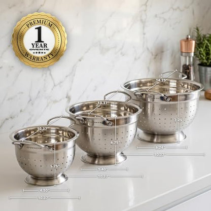 OVENTE Premium Stainless Steel Colander Set of 3, Silver C46263S | Comes with different sizes: 1.5, 3, 5 QT, Comfortable Large Handles, Ideal for draining pasta or Rinsing Vegetables or fruits - size: 5, 3, 1.5 Quarts, style: Colander Set of 3