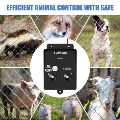 2-in-1 Electric Fence Energizer, Zuomeng 2-Mile 8 Acres Electric Fence Charger Powered by Battery or Power Adapter, 0.1 Joules, Protect Your Livestock Garden Pasture from Wildlife