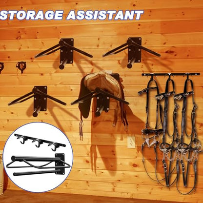MorningRo 4 Pcs Saddle Rack Wall Mount with Pad Bar Horse Tack Bridle Hooks Detachable Saddle Stand Metal Horse Bridle Rack Hanger for Western English Harness Storage Stall Fence Barn Trailer Supply