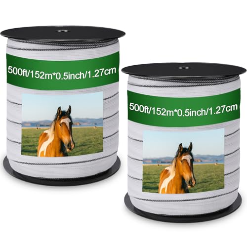2 Rolls 500 ft x 1/2 Inch Electric Fence Polytape for Horse Livestock Cattle, High Visibility Electric Fencing Tape for Farm Temporary Horse Fence - size: 500ft X 1/2in