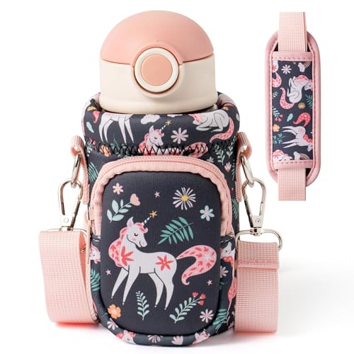 Water Bottle Carrier Bag with Strap for Kids - Water Bottle Bag Holder with Padded Strap Pocket 10/12/14/16/18Oz for Boys Girls School Walking Hiking Camping - style: Magic Horse