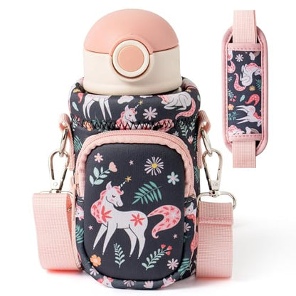 Water Bottle Carrier Bag with Strap for Kids - Water Bottle Bag Holder with Padded Strap Pocket 10/12/14/16/18Oz for Boys Girls School Walking Hiking Camping - style: Magic Horse