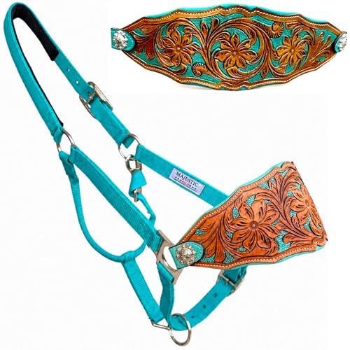 Majestic Ally Western Horse Bronc Halter, Turquoise Padded Leather Noseband, Antique Finish, Tooled Floral Design, Adjustable Nylon - style: Prairie Petal