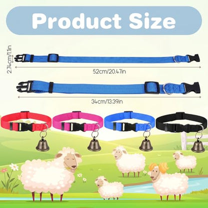 4-Pack Goat Collars with Bells, Adjustable Nylon Collar Sheep Collars Set Anti-Lost Loud Cow Bells Accessories for Small Farm Animals Pet Cows Goats