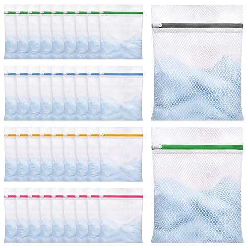 Junkin 40 Pack Honeycomb Mesh Laundry Bags 12x16 Inch Reusable Delicate Wash Bags with Anti-rust Zippers Durable Washing Machine Bag for Bras, Lingerie, Socks, Baby Clothes