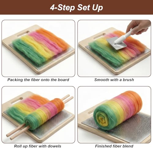 PercyEffie 4 Pcs Wool Blending Board Carding Brush Set Wools Hand Carders Includes 1 Wool Brush and 2 Wooden Craft Sticks for Rolags Blending and Finishing Fibers DIY Wools Carder Comb for Mixing