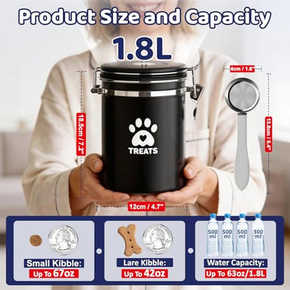 ENONCI Airtight Dog Treat Canister, 304 Stainless Steel Food Storage Jar with Date Dial Black-1.8L - color: Black, size: 1.8l