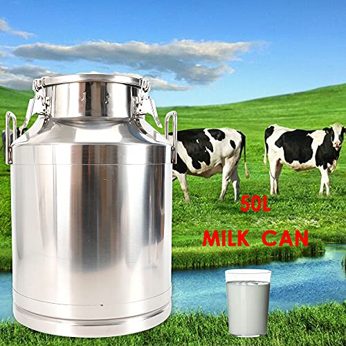 Milk Can Milk Bottle, 20/30/ 40/50/ 60L Stainless Steel Heavy Duty Milk Jug Wine Pail Bucket Square Liquid Container Storage with Embedded Silicone Sealed Lid for Home Restaurant Bar Silver (50L) - size: 50L