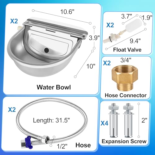 ToLanbbt 2PCS Automatic Animal Dispenser Horse Water Bowl with Float Valve Stainless Steel Goat Waterer Feeder Outside Water Trough for Livestock Auto Fill Dog Water Bowl with 1/2" Hose, Drainage Hole - size: 2 PCS