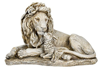 Joseph's Studio Lion and Lamb Garden Statue – 12.5" Religious Outdoor Décor – Peaceful Resin Sculpture for Yard, Patio, or Memorial Display