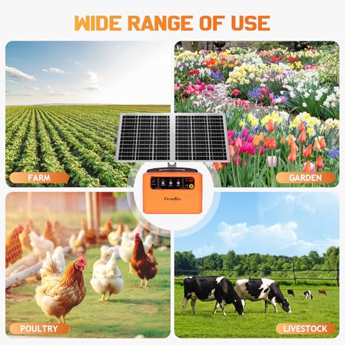 30 Miles Solar Electric Fence Charger, 0.3-1.5J for Livestock Farm | 6-12KV Adjustable Pulse Output,Portable Rechargeable 15W Solar Panel,Solar/AC Power, Waterproof 24/7 Uninterrupted Protection - color: Orange