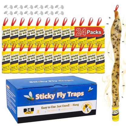 24 Pack Fly Strips Indoor Hanging Fly Trap Outdoor Sticky with Pins - size: 24 pack