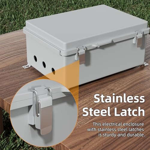 Joinfworld 14X10X6 Waterproof Junction Box Plastic Outdoor Weatherproof Box Nema 4 Enclosure Outdoor Electrical Control Box Weather Proof for WiFi Router Timer Marine | Weatherproof ABS box: insulation, vented, DIN rail, grid plate, 2 NPT3/4" glands, wall