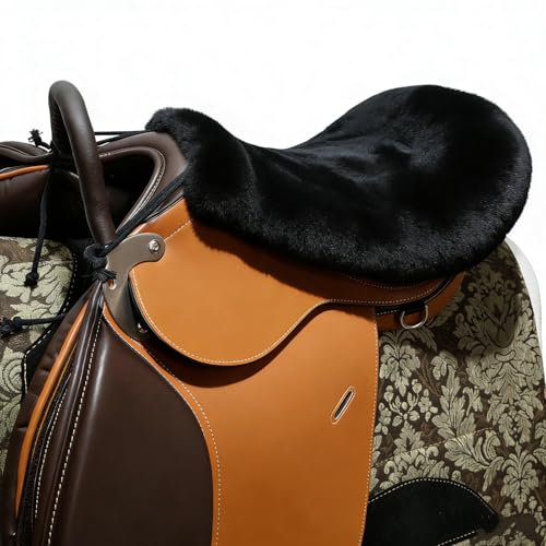 Saddle Sheepskin Seat Cover, Merino Sheepskin Saddle Pad – A Soft, Shock-Absorbing and Breathable Equestrian Seat Cover - color: Black