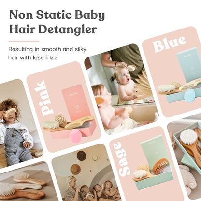 Ullabelle 4 Piece Wooden Baby Hair Brush and Comb Set for Newborns & Toddlers in Chic Gift Box - Ultra Soft Natural Goat Hair and Wood Baby Brush Set Prevents Cradle Cap - Perfect Registry Gift (Pink) - color: Pink