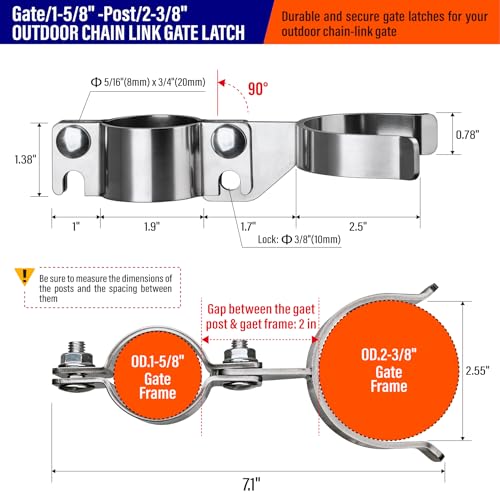 Heavy Duty Stainless Steel 1-5/8" x 2-3/8" Chain Link Fence Gate Fork Latch with Hole for Padlock（Fit 1 5/8" Gate Frame） 1Pack - size: 1-5/8''x2-3/8''-1P