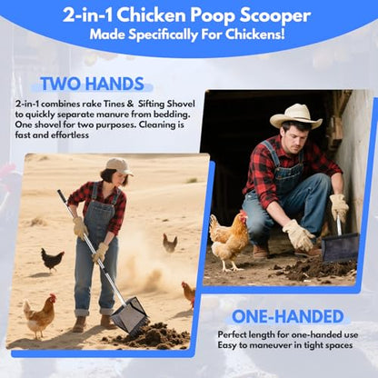 VEEMI Chicken Poop Scooper Rake 2-in-1,304 Stainless Steel Shovel Head, Chicken Litter Scoop with Handle for Chicken Coop for Sand, Pet Waste Cleaning, Litter Sifting Shovel (35 to 65") - color: Black
