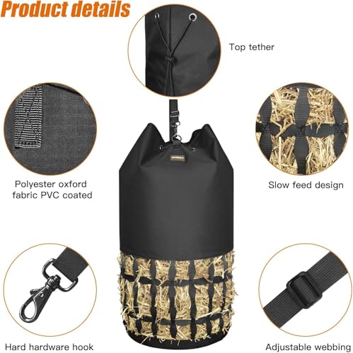 Hay Bags for Horses, Cylindrical Slow Feed Hay Bag | with Rounded Diamond Nets Design for Goats, Horse, Donkey, Large Easy-Fill Top with Drawstring and Adjustable Strap