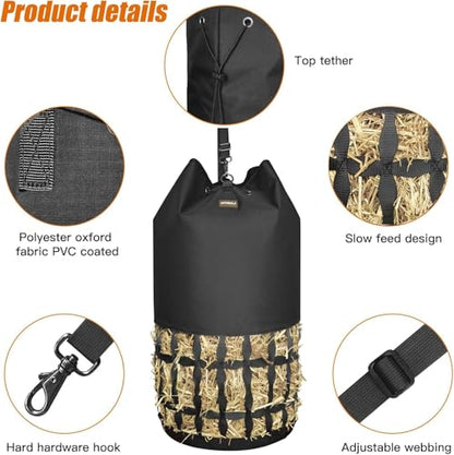 Hay Bags for Horses, Cylindrical Slow Feed Hay Bag | with Rounded Diamond Nets Design for Goats, Horse, Donkey, Large Easy-Fill Top with Drawstring and Adjustable Strap
