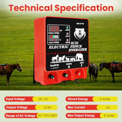 9J Electric Fence Charger Energizer, 9 Joules 20 Miles Plug-in Fencer