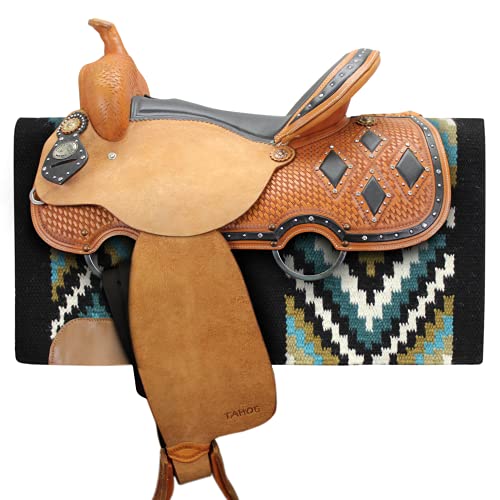 Tahoe Tack 34" x 36" Maisie New Zealand Wool Western Show Saddle Blanket Pad - color: Black/Turquoise/Blue/Dark Blue/White