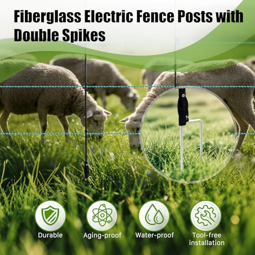 57 Inch / 4.8 Ft Fiberglass Electric Fence Posts, 16 Pack with Double Spikes & 64 Clips - Heavy Duty Farm Garden Livestock Fencing | Holds Wire/Tape/Rope - color: Black, size: 57" 16 Posts-64 Clips
