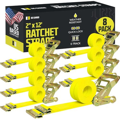 DC Cargo Mall E Track Ratchet Straps, Heavy Duty Cargo Tie-Down E Track Straps 2" x 12', (8 Pack, Yellow) E Track Spring Fittings Tie Down Motorcycle, Vans, Trucks, Trailers - size: 8 - Pack