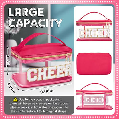 Geetery Medicine Pill Bag Clear Cosmetic Makeup Bag with Zipper Hot Pink | Transparent PVC with Nylon Trim, Chenille Cheer Patch, Portable Travel Organizer for Pills Cosmetics, Gold Zipper - color: Hot Pink, style: Cheer