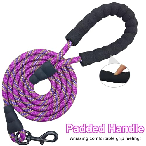 MayPaw Heavy Duty Rope Dog Leash, 6/8/10/15/20/30FT Long Nylon Pet Leash, Soft Padded Handle Thick Lead Leashes for Large Medium Dogs (Purple, 1/2" * 10') - color: purple, size: 1/2" * 10'