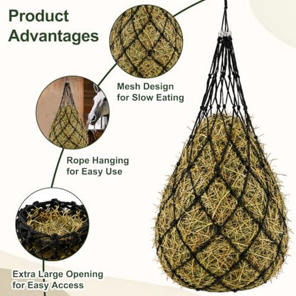 Hay Bags for Horses, 40 Inch Slow Feed Hay Nets for Horses 2 Pack, 2" Small Holes Polyester Rope Hay Net with Large Opening and Drawstring Closure for Goats Sheep Cattle, Stall Trailer Pasture