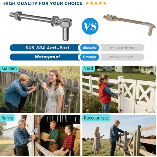 Heavy Duty Gate Hinges, 8" 2 Pcs Stainless Steel 304 Fence Gate Farm Gate Hinge, 600lbs Capacity for Wooden/Concrete Fence with 5/8'', Adjustable J Bolt Gate Hinge, Rust Proof - color: 8" 2pcs