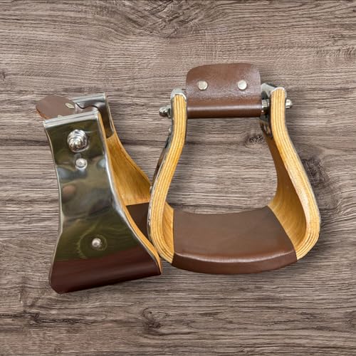 Western Saddle Stirrups, Set of 2, Wide Bell Wood & Steel, 4" - size: Size: 4.0"