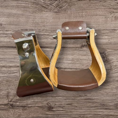 Wooden Wide Western Steel & Leather Covered Stirrups, Wooden Bell Saddle Stirrups (Size: 5.0") - size: Size: 5.0"