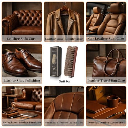 100% 7in Horsehair Shoe Brush Horse Hair Brush for Leather Boots Cleaning Polishing Buffing Shining Professional Shoe Shine Brush for Sneakers Jackets Sofas Bags Furniture Car Seats Leather Care Tool