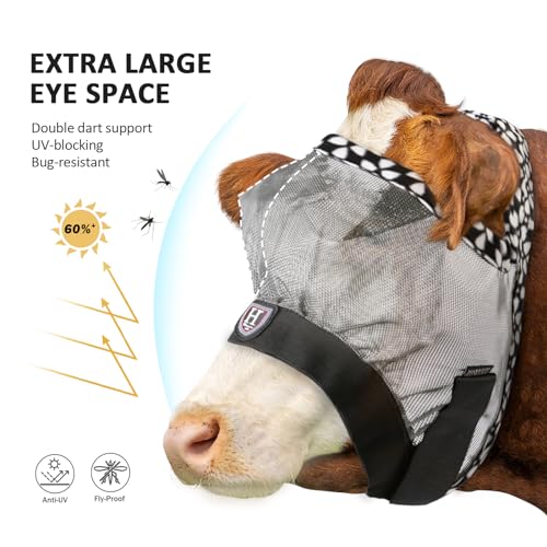 Harrison Howard Cattle Livestock Fly Mask Breathable Mesh Padded Edging with Fun Patterns Large Spacing Forelock Opening Design Adjustable Fit for Cattle Light Grey - color: Light Grey