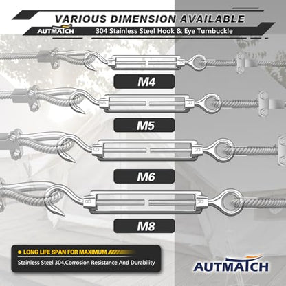 AUTMATCH M4 Hook & Eye Turnbuckle - 304 Stainless Steel Wire Rope Tensioner | Adjustable Turnbuckle for Cable Railing, Fence & Shade Sail Hardware, Wire Rope Tension Kit, 6-Pack, Silver - color: Silver Tone - Hook & Eye, size: M4