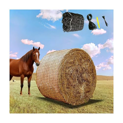 6x6 ft Round Bale Hay Net for Horses & Livestock, Knotless Slow Feeder Hay Nets with 2 Inch Holes, Includes Repair Tool - size: 6x6 FT