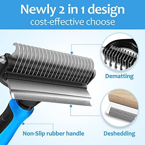 [ 2 in 1 design ] Undercoat Rake and Deshedding Tool for Dogs and Cats - Dematting Comb for Long Hair Pets, Grooming Brush to Clear Mats, Tangles and Reduce Shedding by 95% - color: Blue