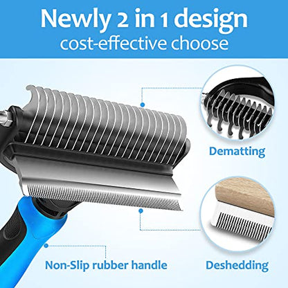 [ 2 in 1 design ] Undercoat Rake and Deshedding Tool for Dogs and Cats - Dematting Comb for Long Hair Pets, Grooming Brush to Clear Mats, Tangles and Reduce Shedding by 95% - color: Blue