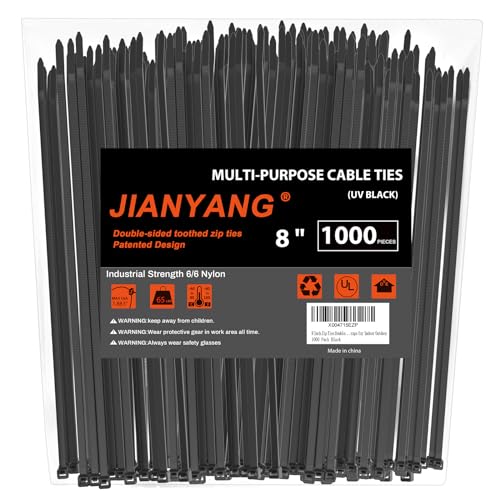8 Inch Zip Ties Double Sided Toothed (Bulk 1000 Pack Black),65lbs Tensile Strength Heavy Duty Cable Wire Ties with Self-Locking Adjustable Nylon Tie Wraps for Indoor Outdoor (Patented Design) - size: 8 inch 1000 Pack （65 Lbs ）