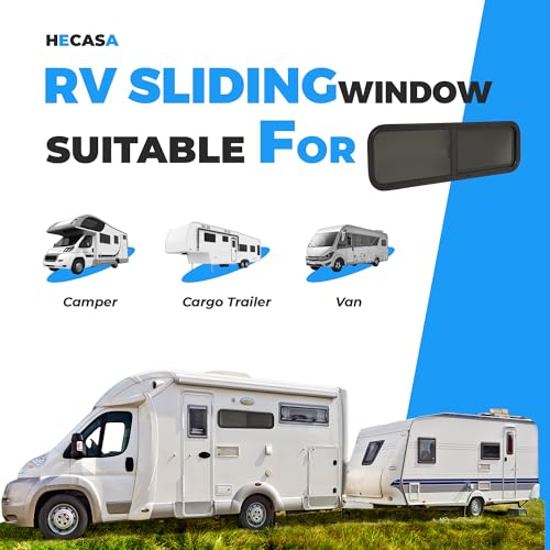 HECASA Universal 42" W X 12" H RV Window Horizontal Slide W/Trim Ring and Net Screen Side Window Tinted Tempered Glass Fit for Teardrop Cargo Trailer, Camper, Van, Truck - size: 42" W x 12" H