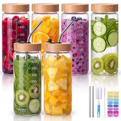 16 oz Round Glass Juice Bottles with Airtight Bamboo Lids, Reusable 6 Pack - color: 16oz - 6 Pack
